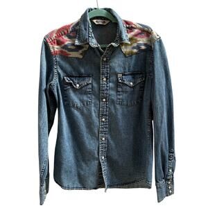 Salt Valley Western Pearl Snap Denim Shirt SZ S Aztec Ranch Rodeo Cowgirl